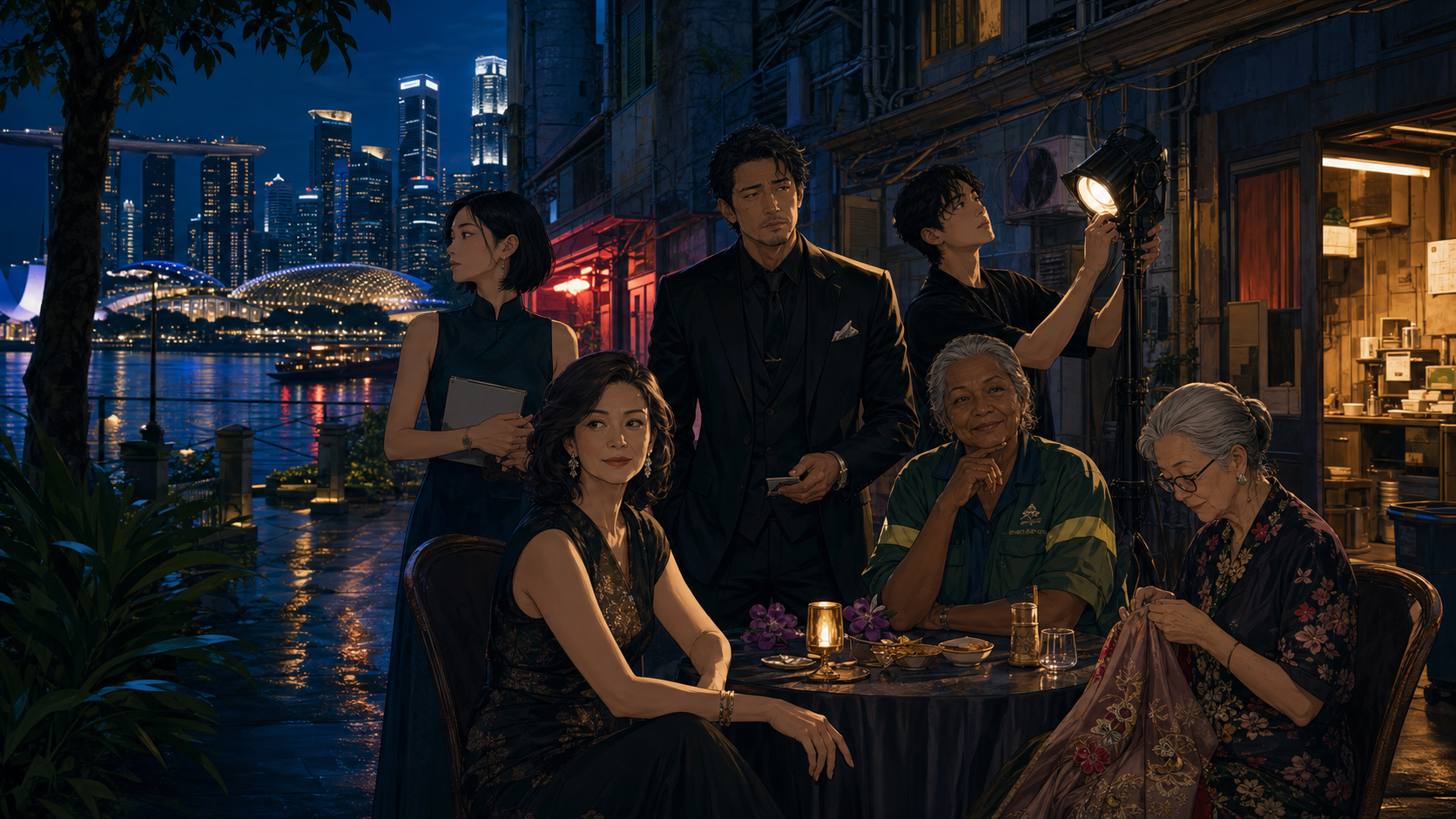 Illustrated Culture Quest companions between Singapore's bay and working city