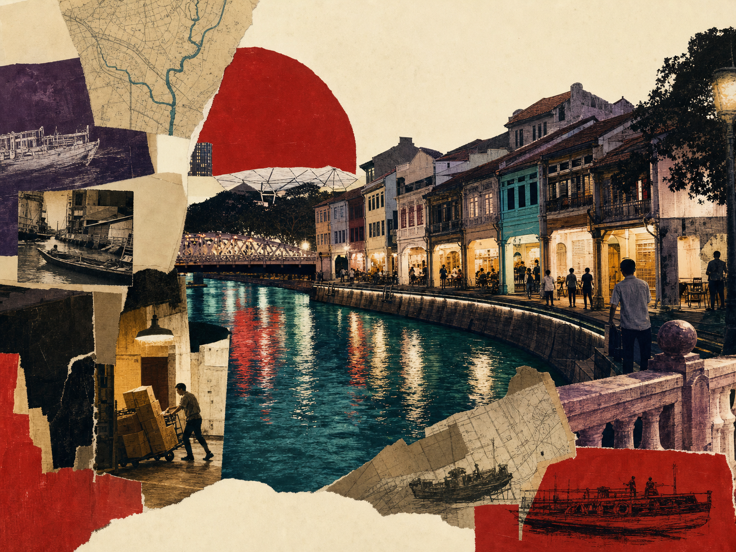 Editorial paper collage of the Singapore River and Clarke Quay