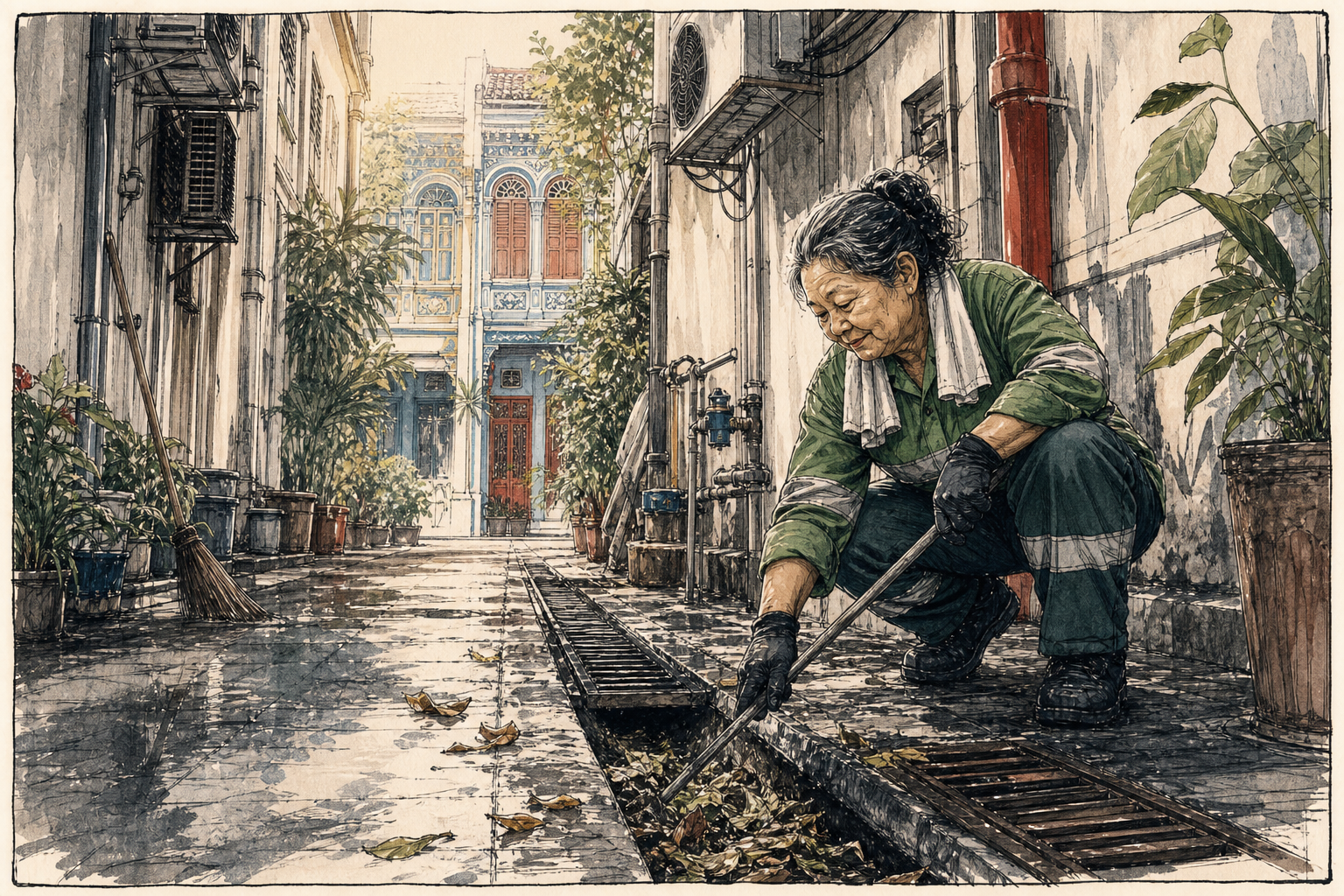 Ink and watercolour drawing of an environmental services worker clearing a rain drain in a Singapore service lane